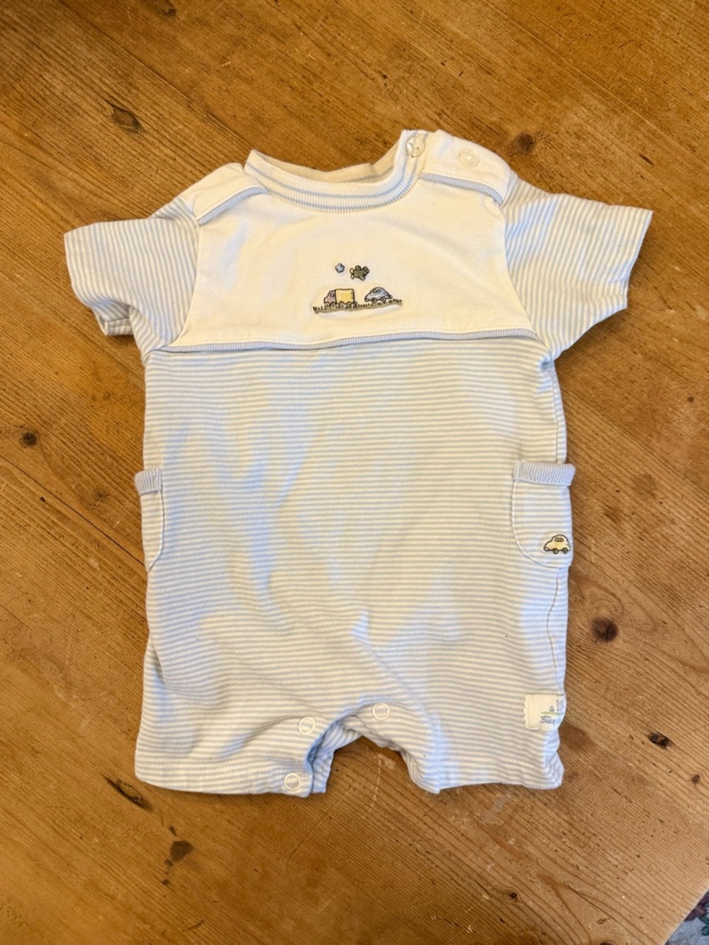 Vintage Baby Boy Striped Blue & White Baby Romper with Car Embroidery
